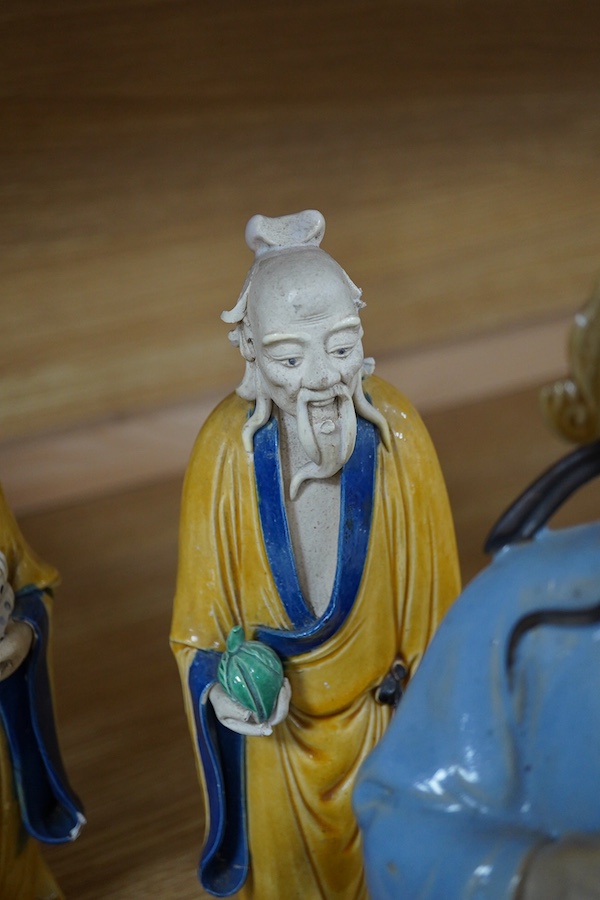Four Chinese Sage figures and a metal model of the Parthenon, tallest 32cm. Condition - fair